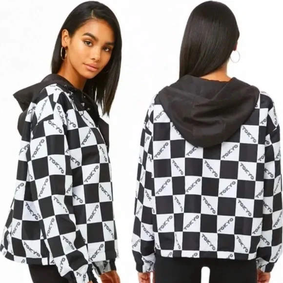 Forever 21 Black White Checkered Tokyo Hooded Windbreaker - Picture 1 of 7